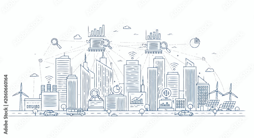 Naklejka premium Modern Cityscape with Technology and Connectivity Elements.