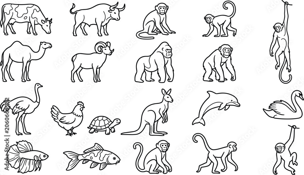 Obraz premium Wild and Domestic Animal Minimalist Line Art Icon Set Featuring Monkey Gorilla Kangaroo Camel Dolphin Fish and Farm Creatures for Education Book Graphic Designs