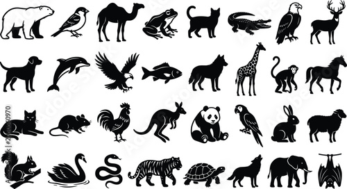 Photography Wild and Domestic Animal Silhouette Vector Set featuring Black Shape Elements of