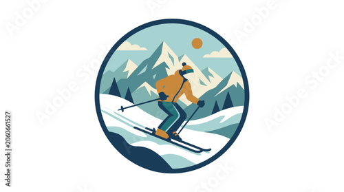 Fotografie Mountain skiing badge with winter resort scenery.