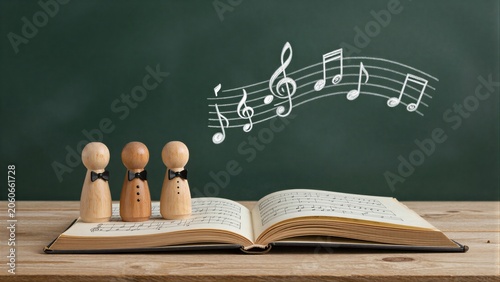 Three wooden figures stand before an open music book with floating notes.