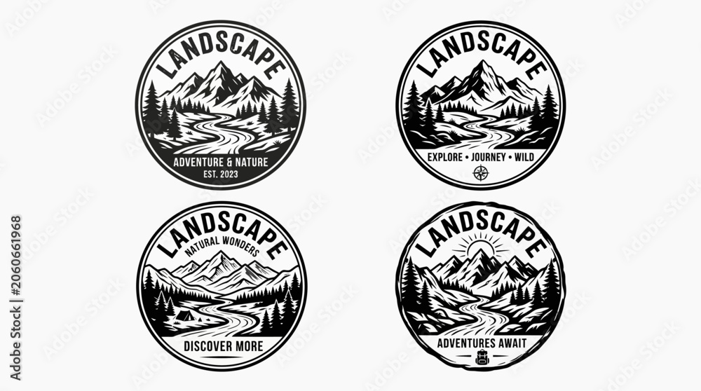 Fototapeta premium Black and white landscape stickers set.