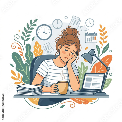 Canvastavla Woman feeling overwhelmed and tired at her desk with coffee.