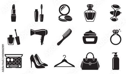 Foto Set of black icons representing fashion accessories and beauty care products