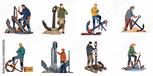 Foto Set of illustrations showing marine salvage workers and maritime experts inspecting, measuring, and restoring old rusty ship anchors and heavy chains