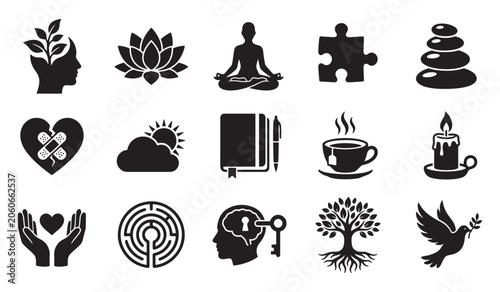 Photography Set of black silhouette icons representing mental health wellness and mindfulnes