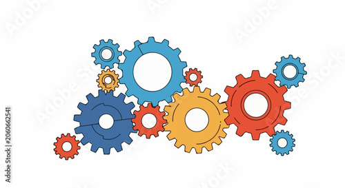 Colorful interlocking gears on white