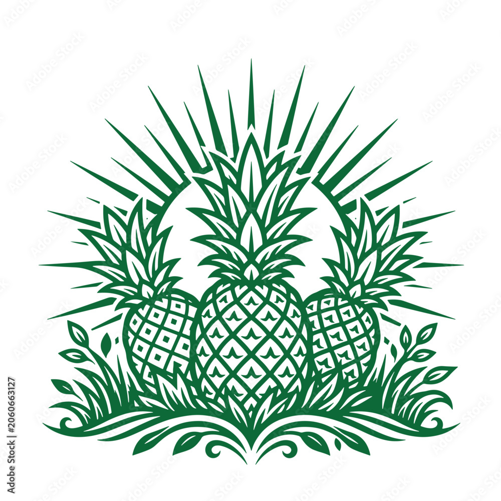 Fototapeta premium Illustration of three pineapples in green ink style with sunburst background and grass pineapple tropical