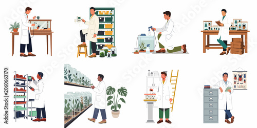 Tableau sur toile Set of illustrations depicting entomologists and scientists conducting insect research and experiments in various laboratory settings with beetles, terrariums, and scientific equipment