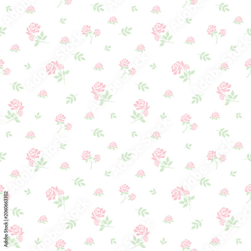 Delicate Pink Rose Floral Seamless Pattern with Soft Pastel Leaves for Romantic Feminine Design