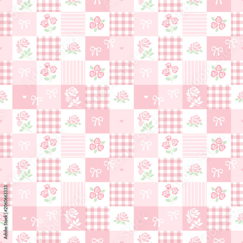 Pink Rose Patchwork Seamless Pattern with Gingham Checks, Stripes and Ribbon Bows for Shabby Chic Design