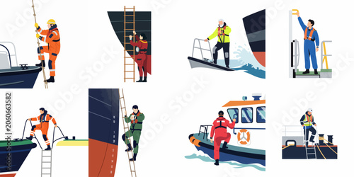 Φωτογραφία Flat vector illustrations of marine pilots and crew members boarding vessels using pilot ladders and small boats for maritime navigation and safety operations