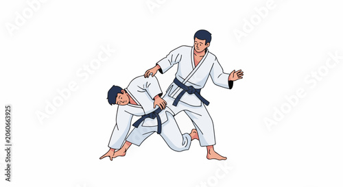 Two martial artists in white uniforms practicing a technique