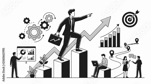 A black and white illustration of a businessman on a graph-shaped block