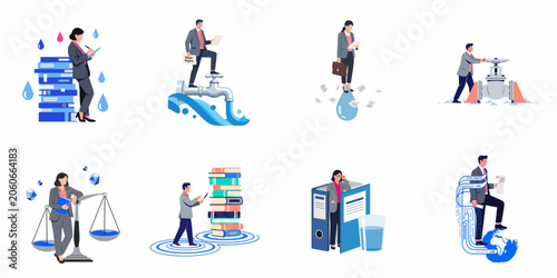 Set of illustrations depicting professional legal services for water rights, environmental law, global resource management, and water scarcity policy regulation.