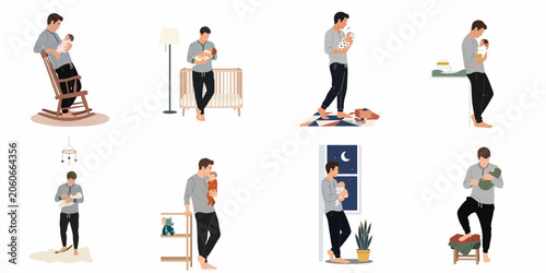 Tablou pe pânză Flat illustration set of a devoted father caring for his newborn baby in various domestic scenes, showing paternal love and daily routines