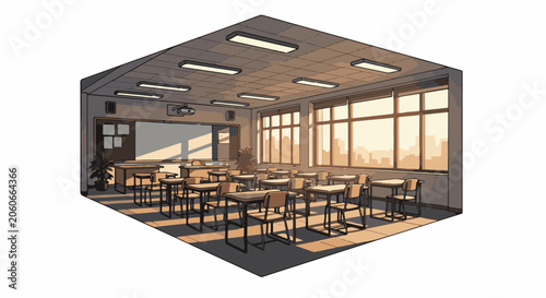A classroom with desks and chairs arranged in rows, facing a whiteboard
