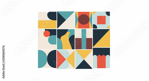 A colorful abstract composition of nine squares each containing various geometric shapes