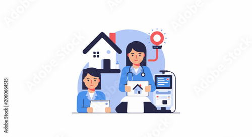 A flat illustration of two medical professionals, one sitting and one standing, surrounded by a house, a medical device, and a magnifying glass