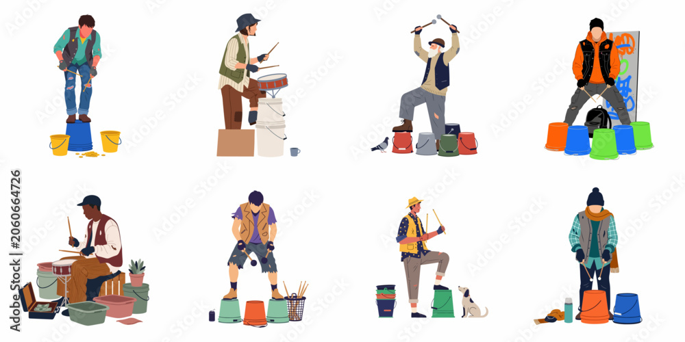 Fototapeta premium Set of flat vector illustrations featuring diverse street performers and bucket drummers playing rhythmic beats on plastic buckets to earn tips and money.