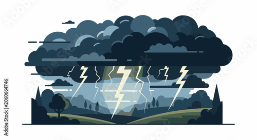 A large dark storm cloud with lightning over a landscape