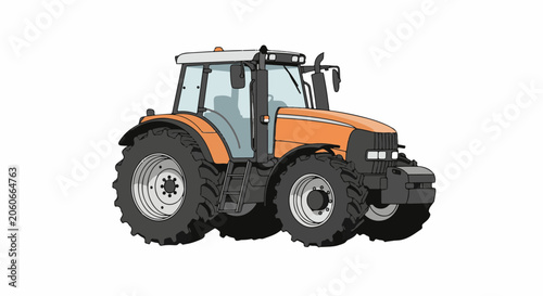 A large orange tractor with a gray roof and black tires on a white background
