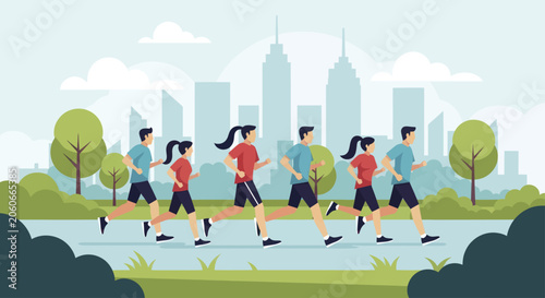 Foto Group of diverse people running together in a park.