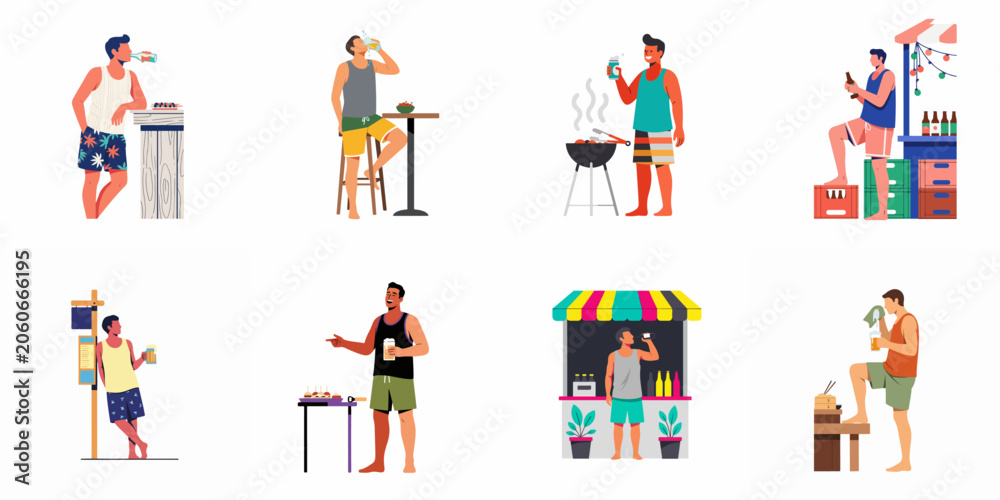 Fototapeta premium Flat illustration set of young men enjoying outdoor summer activities, drinking beer, grilling, and relaxing at snack bars and food stalls.