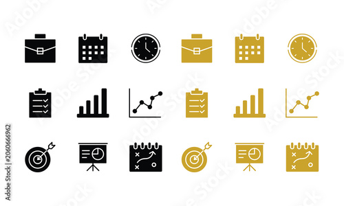Set of business and finance management icons in black and golden flat style vector illustration design.