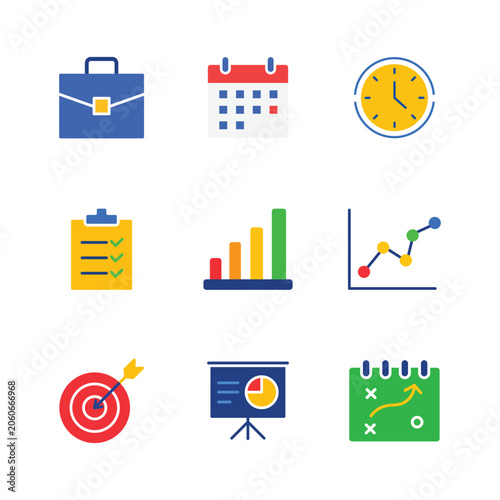 Collection of modern and colorful business management icons for financial services and daily planning.