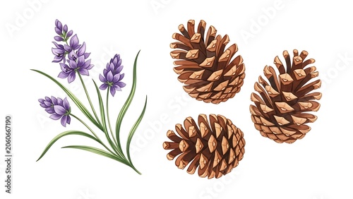 Close-up of three pine cones and sprigs of lavender.