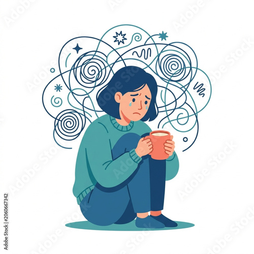 Foto Sad Woman Holding Mug Feeling Anxious and Overwhelmed.