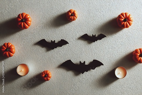 Halloween Decorations - Pumpkins, Bats, and Candles on Textured Background.