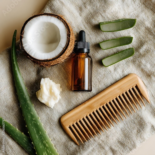 Natural Hair Care Ingredients - Coconut Oil, Aloe Vera, and Comb.