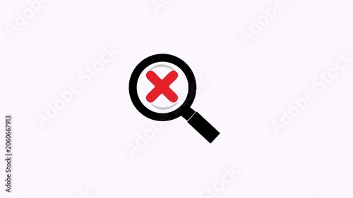 Magnifying glass icon with red cross simple flat graphic symbol. Suitable for graphics related to search, fail, confirmation, or verification themes.