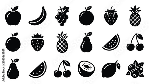 Adobe illustrator artwork,Fruit icon set with apple banana orange strawberry pineapple watermelon cherry and kiwi isolated on white background, healthy food symbol vector illustration