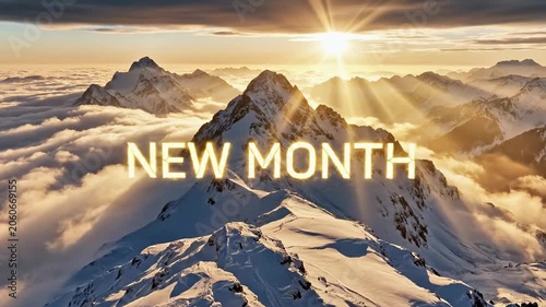 A serene snowy mountain range at sunrise with clouds and a bright sun