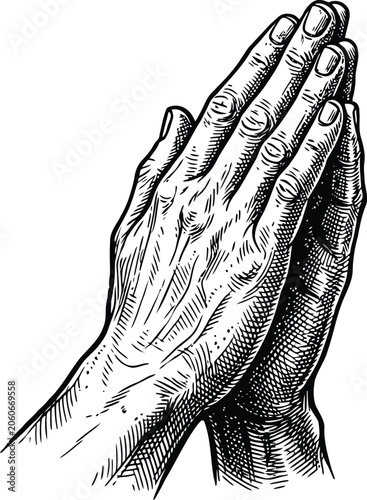 Detailed black and white ink drawing of two human hands pressed together in a solemn gesture of humble prayer