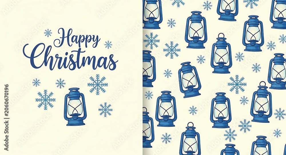 Naklejka premium Happy christmas lantern and snowflake pattern with handwritten text on cream background