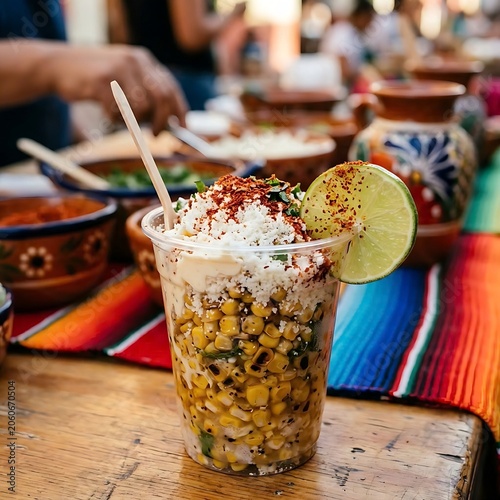 esquites (Mexican corn salad) in a cup with mayo, cheese, chili, and lime on table 