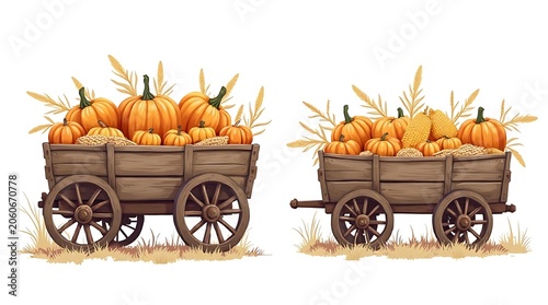 Autumn Harvest Display of Pumpkins in Rustic Wooden Wagons.