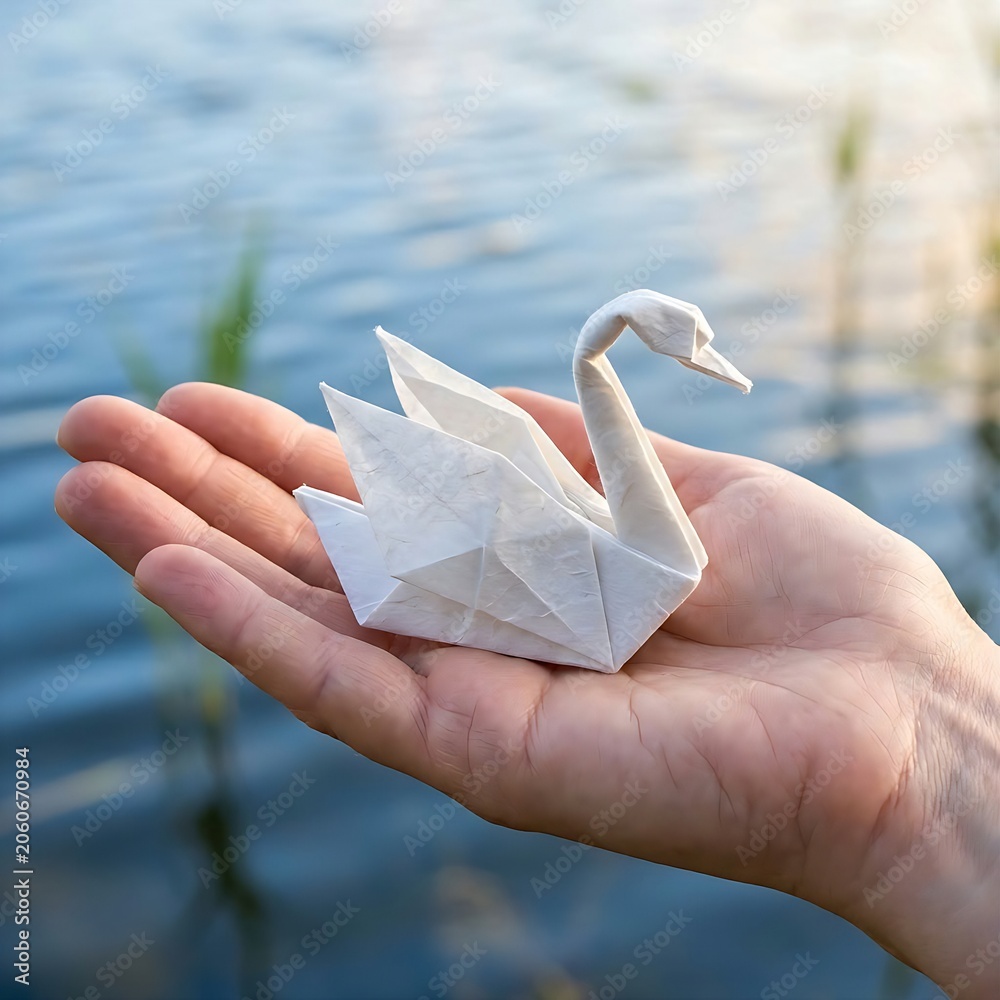 Fototapeta premium hand holding an elegant origami swan gracefully gliding on water, 