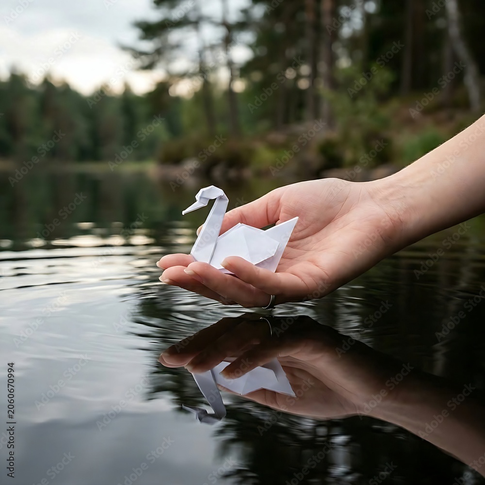 Fototapeta premium hand holding an elegant origami swan gracefully gliding on water, 