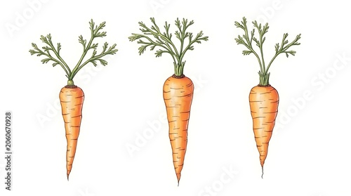 Three fresh orange carrots with green tops arranged in a row on a plain background.