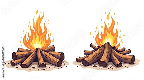 Two Campfires on Logs in an Outdoor Campsite Create Warmth and Evening Ambience.