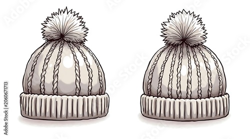 Pair of cozy knitted winter beanie hats with pom poms for cold weather and casual style.