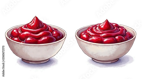 Pair of white ceramic bowls filled with vibrant red sauce artfully presented for a food display.