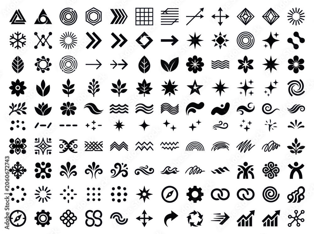 Fototapeta premium Diverse collection of black and white vector icons and symbols.