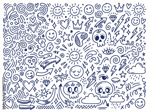 Hand drawn doodle art with skulls hearts suns and arrows.