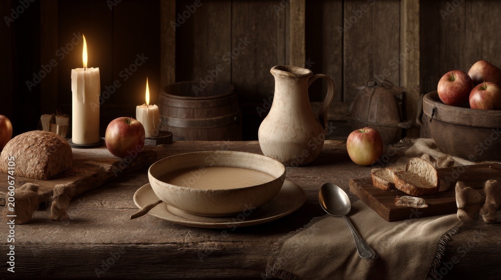 Fototapeta premium Rustic Table Setting with Bread, Apples, and Simple Pottery in a Warm, Candlelit Atmosphere